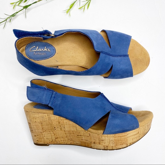 clarks blue suede wedge sandals